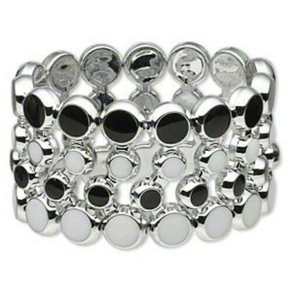 Mid Century Modern Style Wide Acrylic Stretch Bracelet Black White Silver